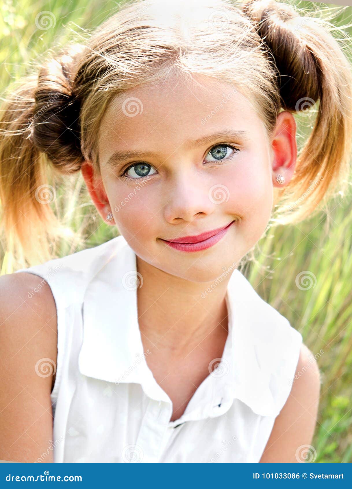 Portrait of Adorable Smiling Little Girl Child in Dress Outdoor Stock ...