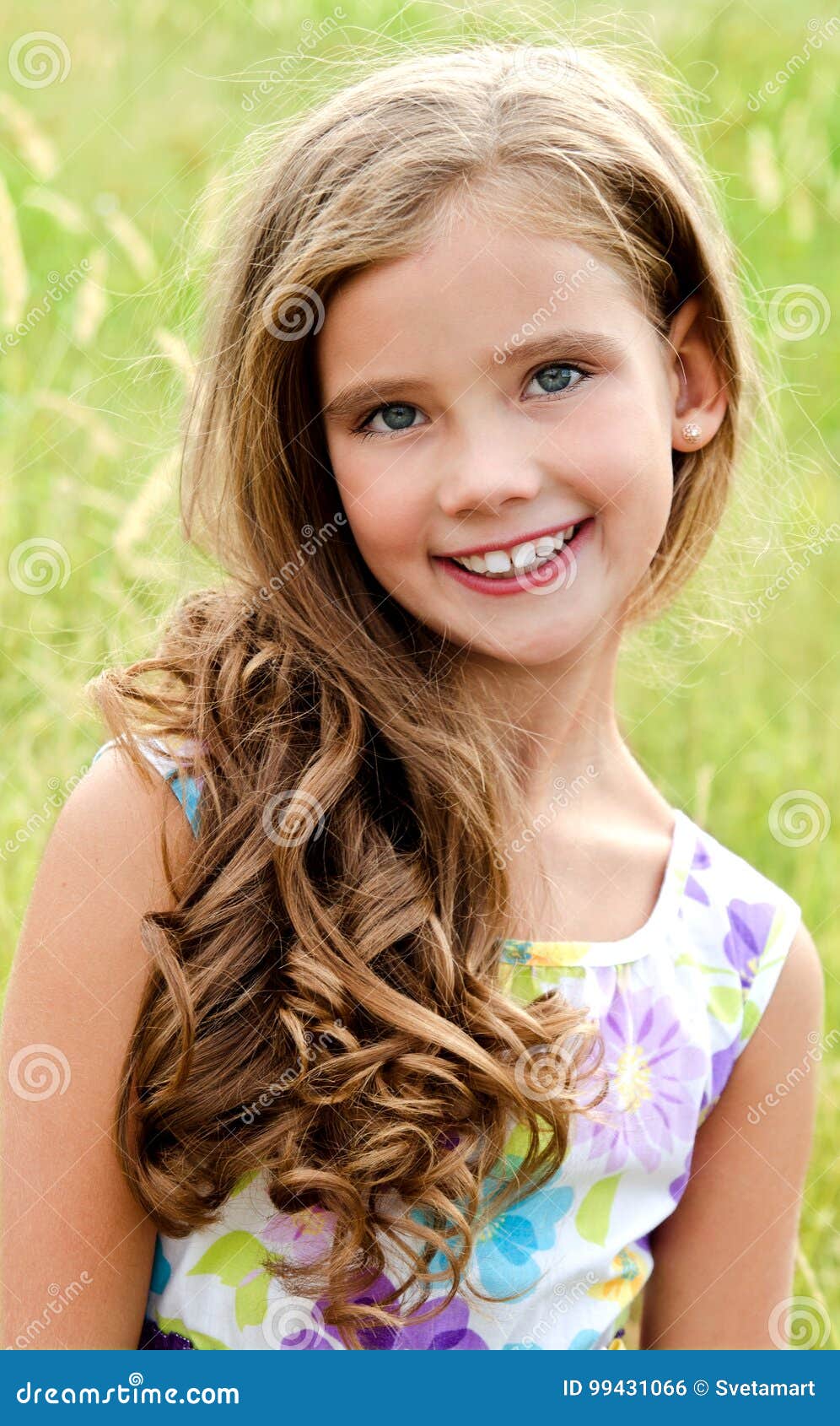 Portrait of Adorable Smiling Little Girl Child in Dress Outdoor Stock ...