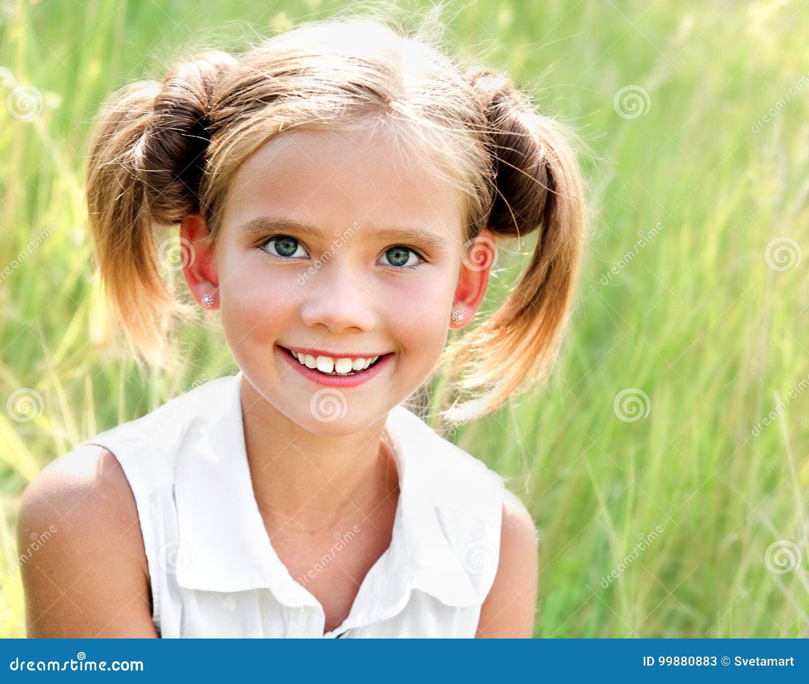 Portrait of Adorable Smiling Little Girl Child in Dress Outdoor Stock ...