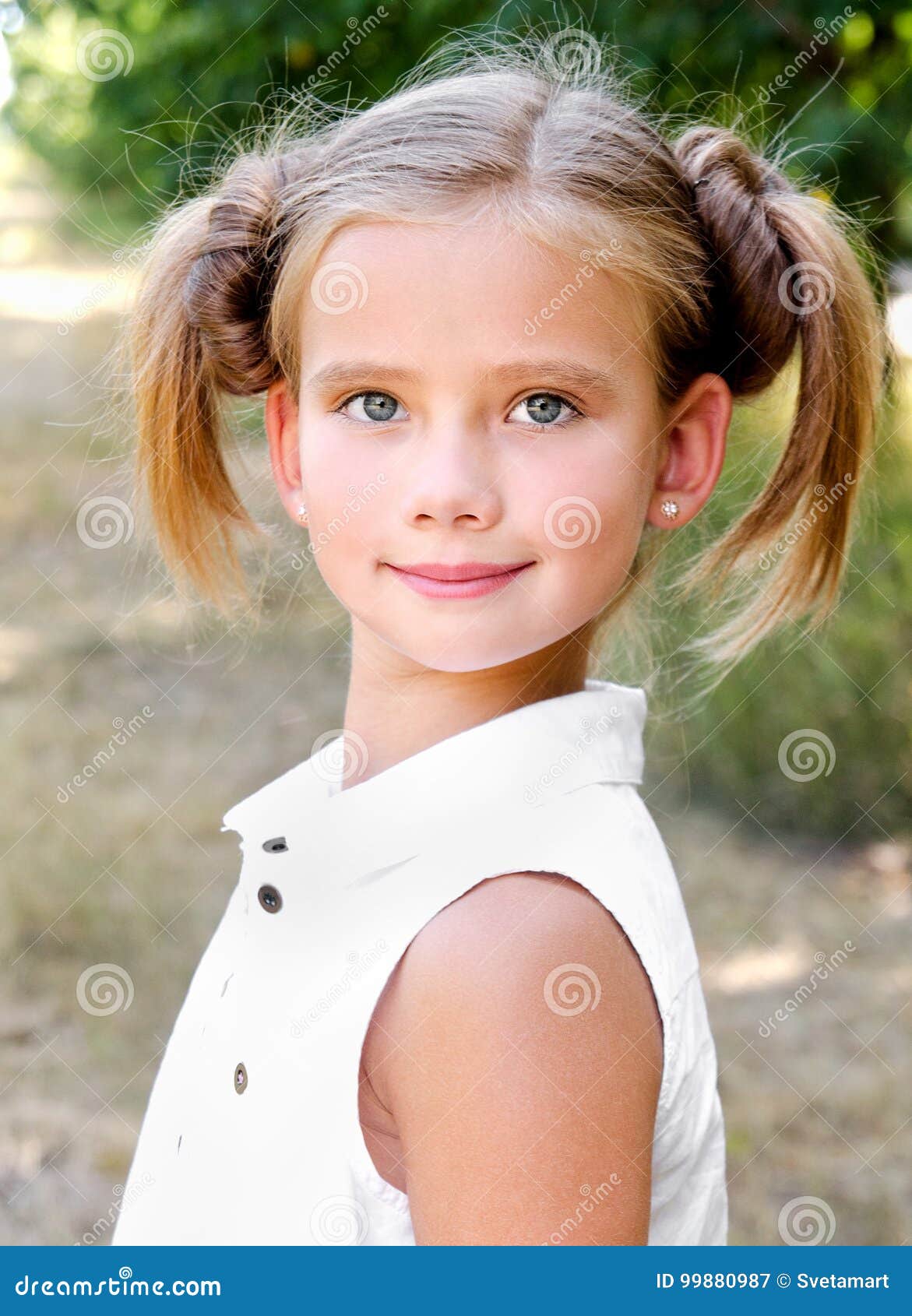 Portrait of Adorable Smiling Little Girl Child in Dress Outdoor Stock ...