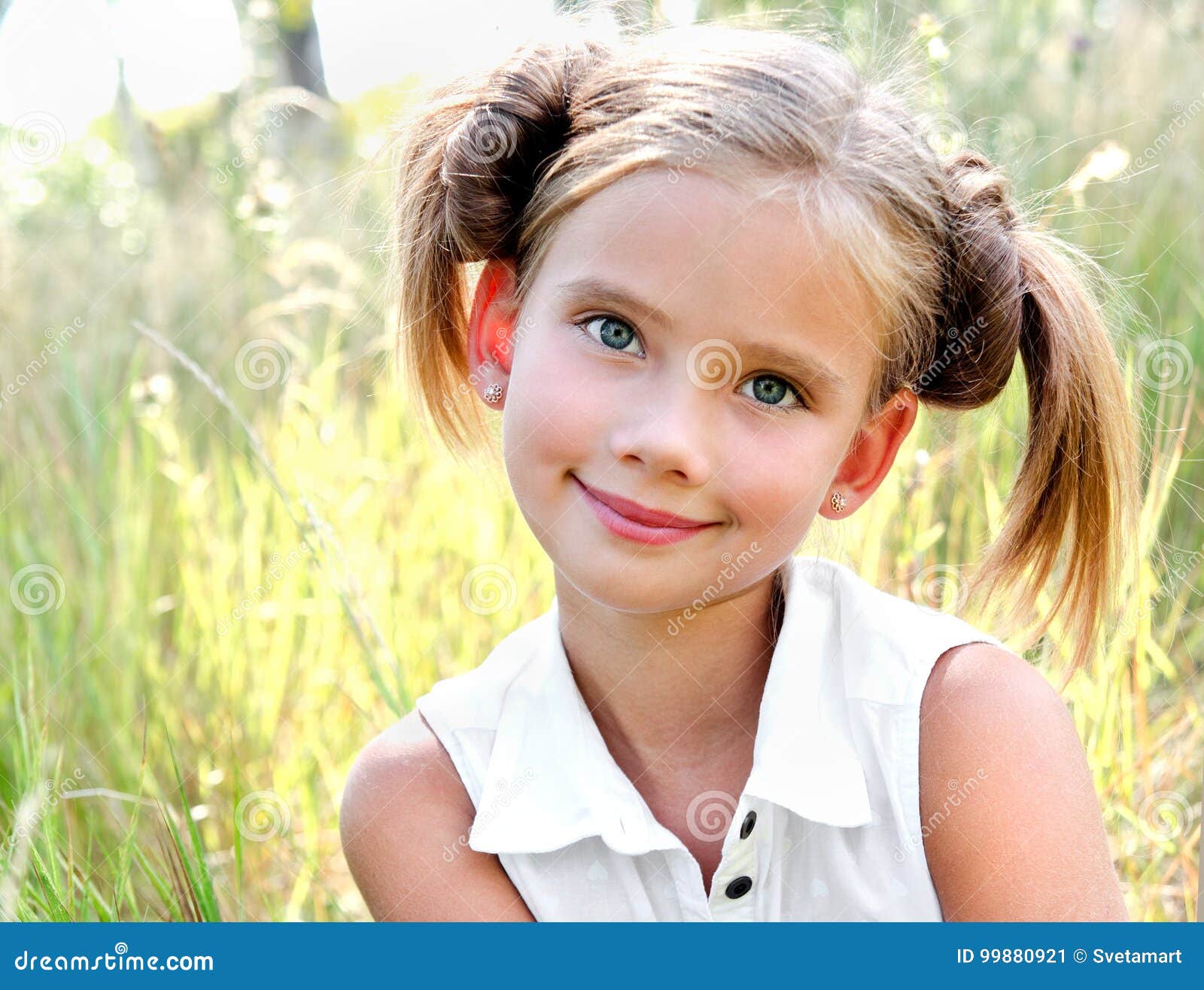 Portrait of Adorable Smiling Little Girl Child in Dress Outdoor Stock ...