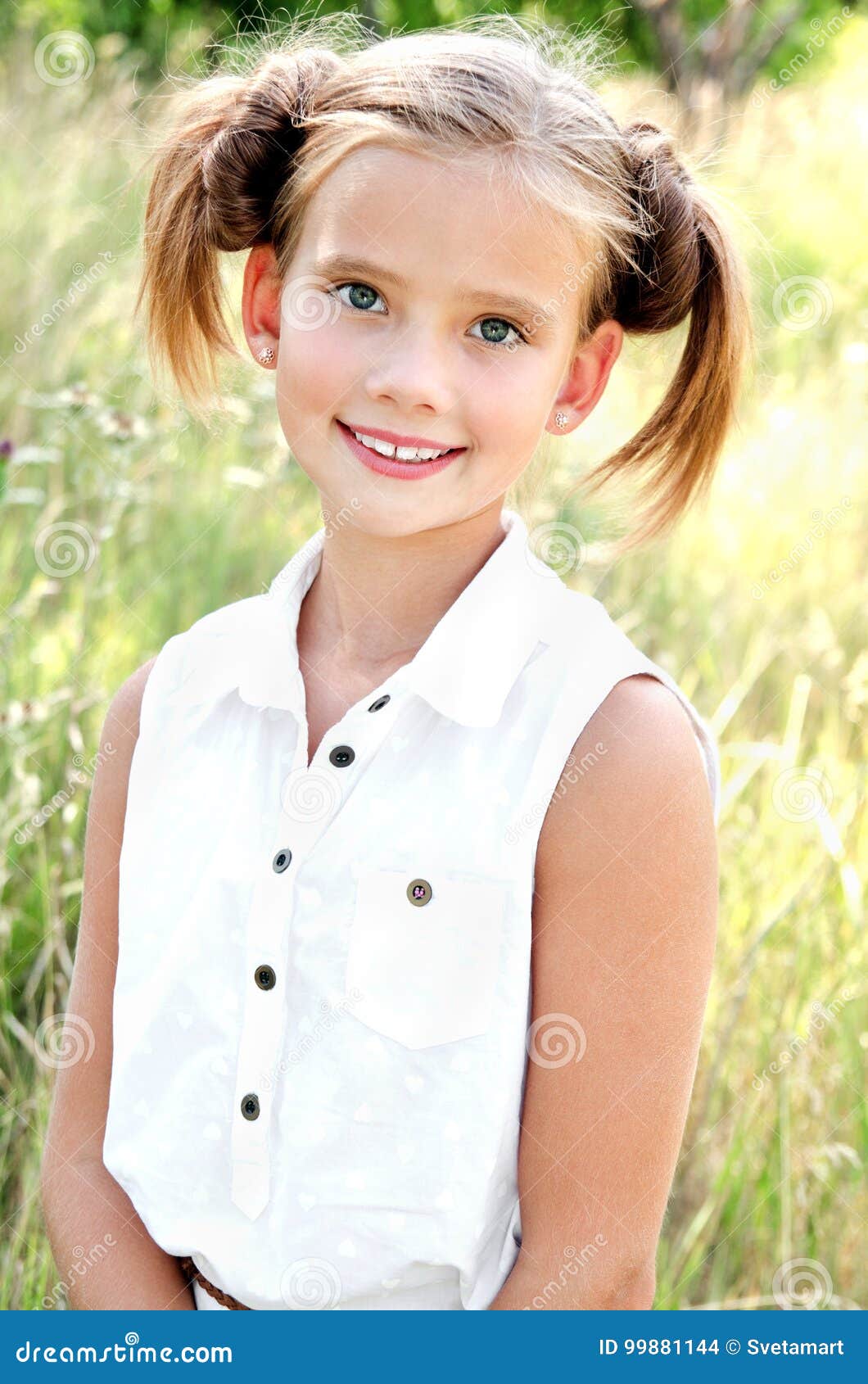 Portrait of Adorable Smiling Little Girl Child in Dress Outdoor Stock ...