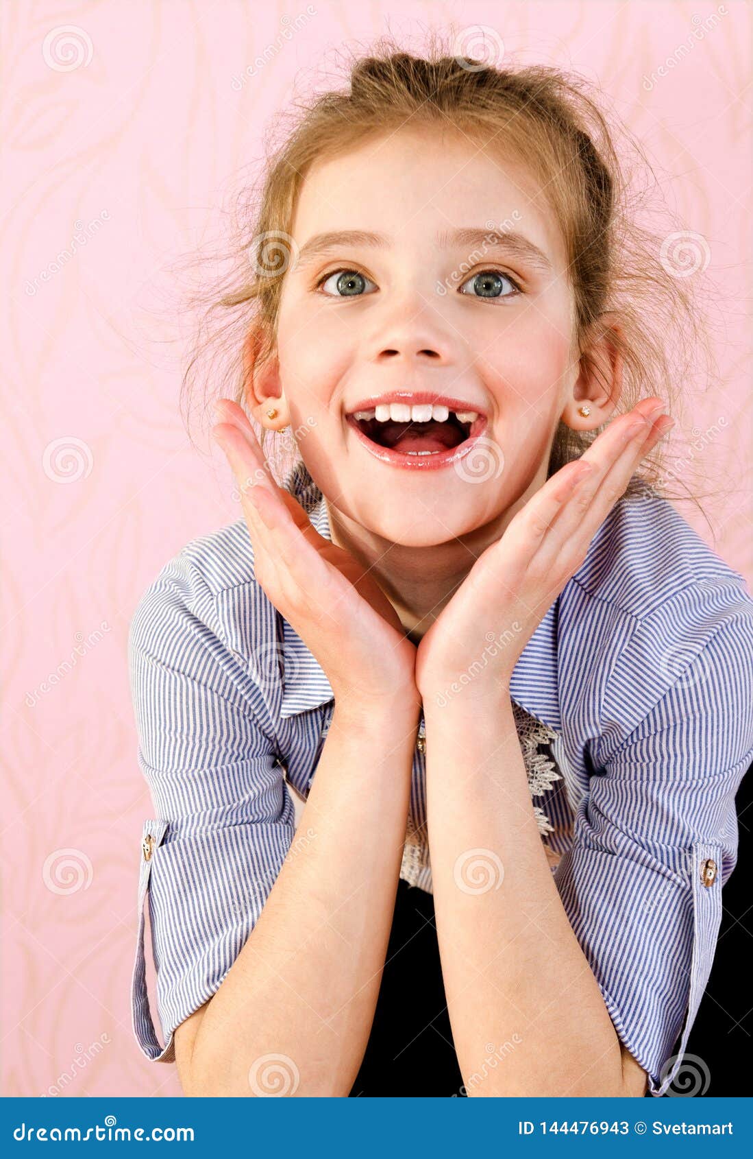 Schoolgirl Child Formal Uniform Hold Alarm Clock Time To Study