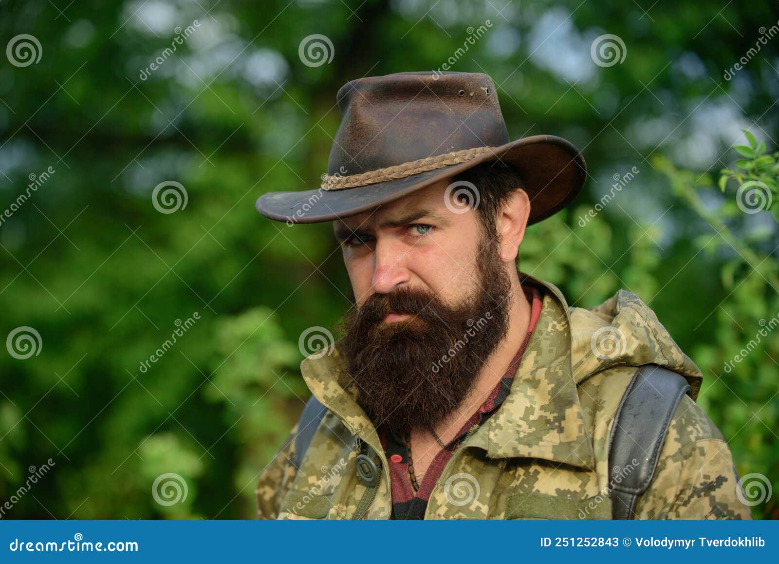 Portrait of Adventure Serious Man Extreme Explorer. Man Hunter in ...