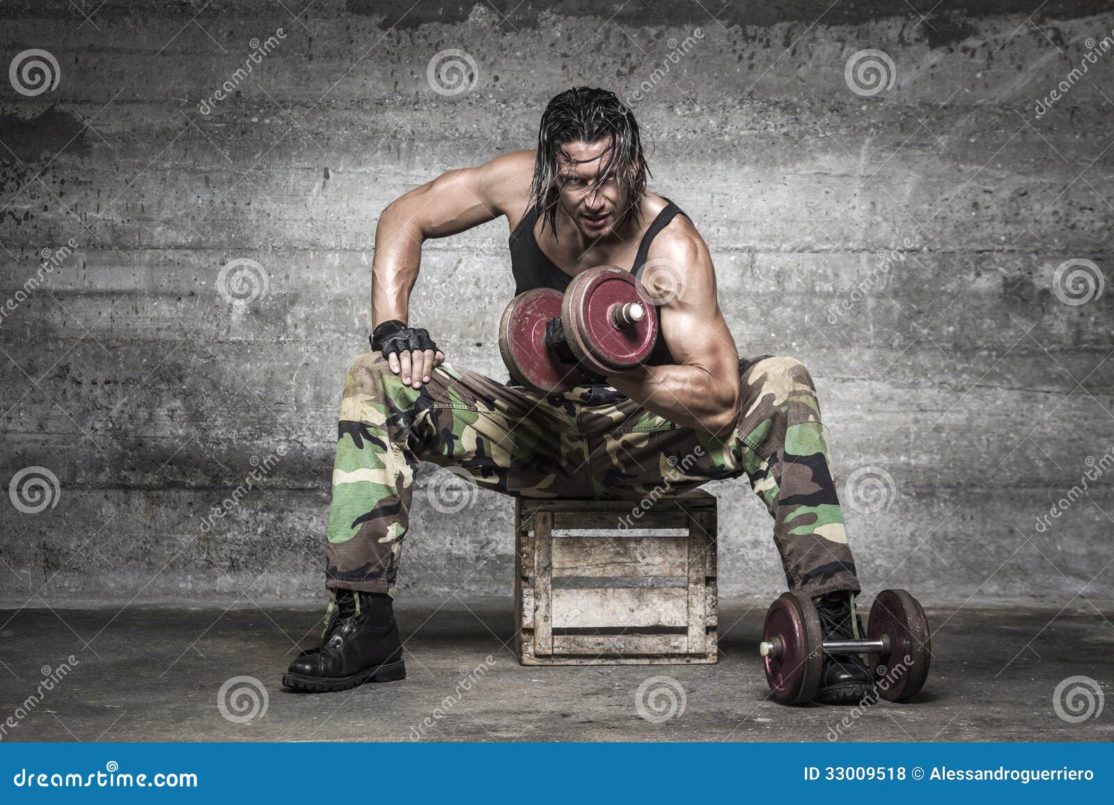 Portrait of Aggressive Muscle Man Lifting Weights Stock Photo Image of athletic, hair 33009518