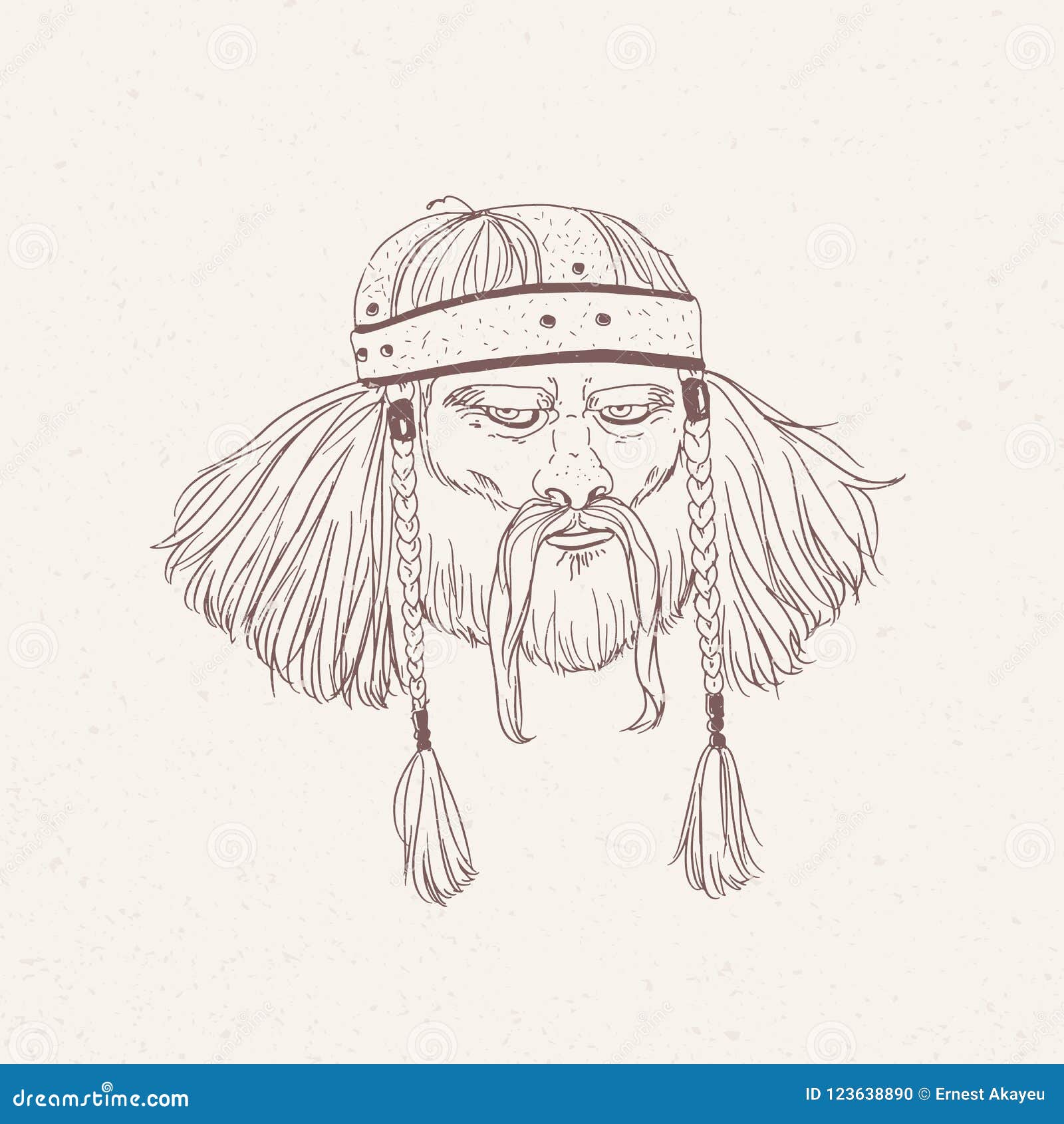 portrait of ancient warrior with beard and braids hand drawn with contour lines on light background. drawing of head of