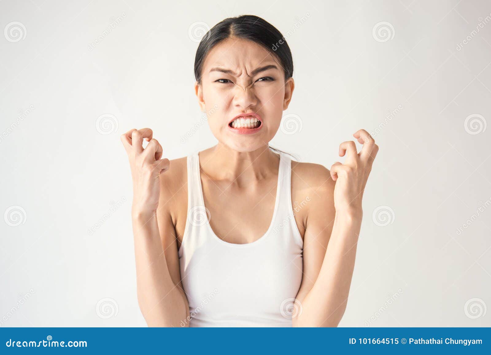 portrait of angry pensive mad crazy asian woman screaming out expression, facial