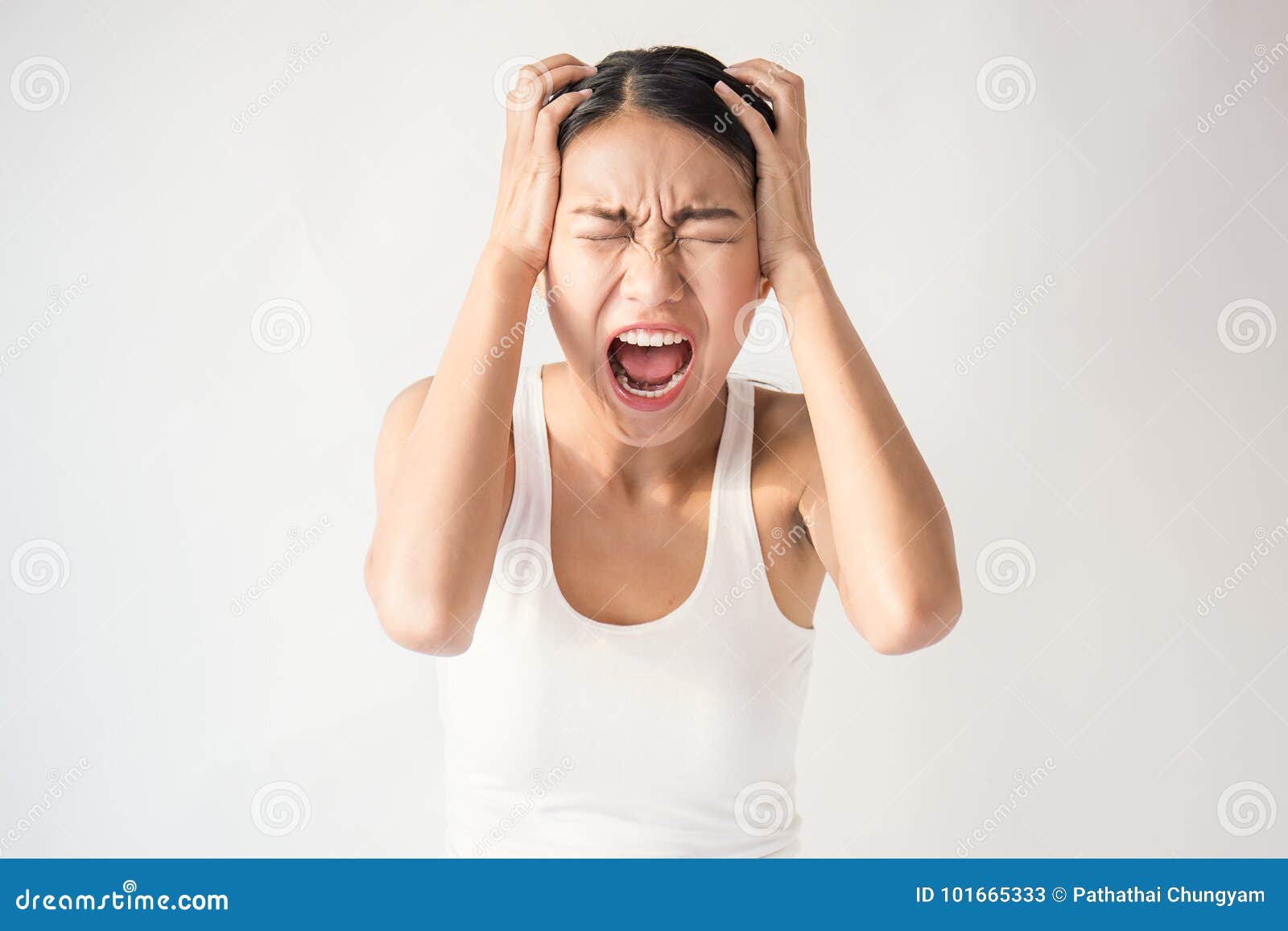 portrait of angry pensive mad crazy asian woman screaming out expression, facial
