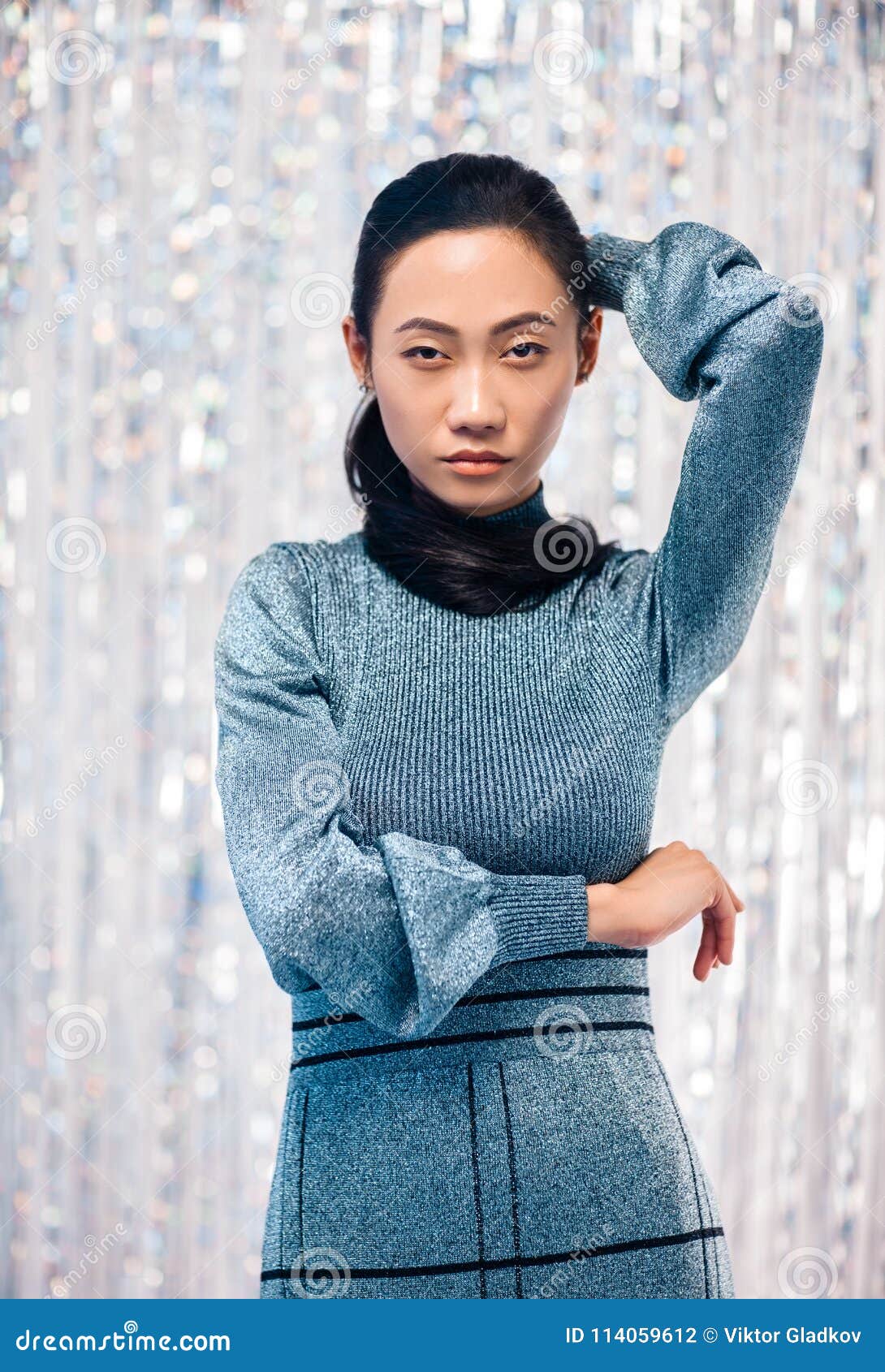 Portrait of Asian Girl in Blue Dress, Hair Around the Neck Stock Photo ...