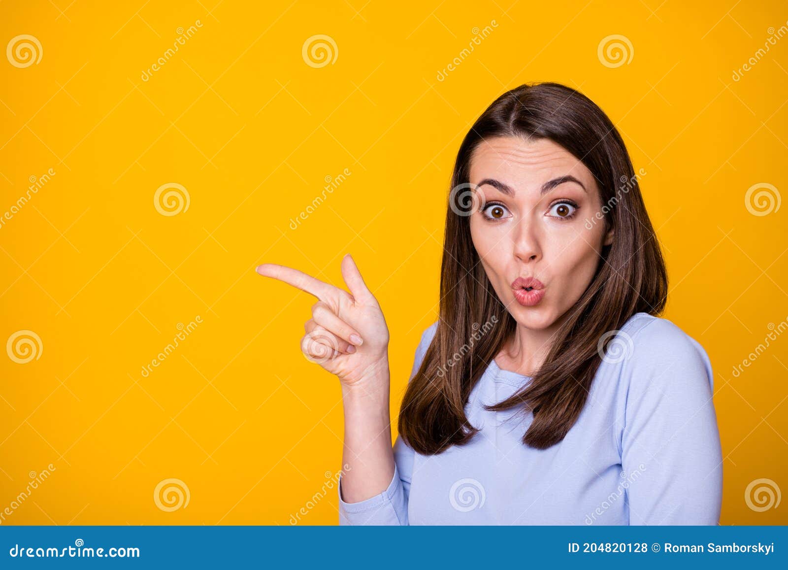 Portrait of Astonished Girl Indicate Adverts Promotion Point Index Finger  Copyspace Demonstrate Feedback Wear Good Look Stock Photo - Image of  emotion, finger: 204820128