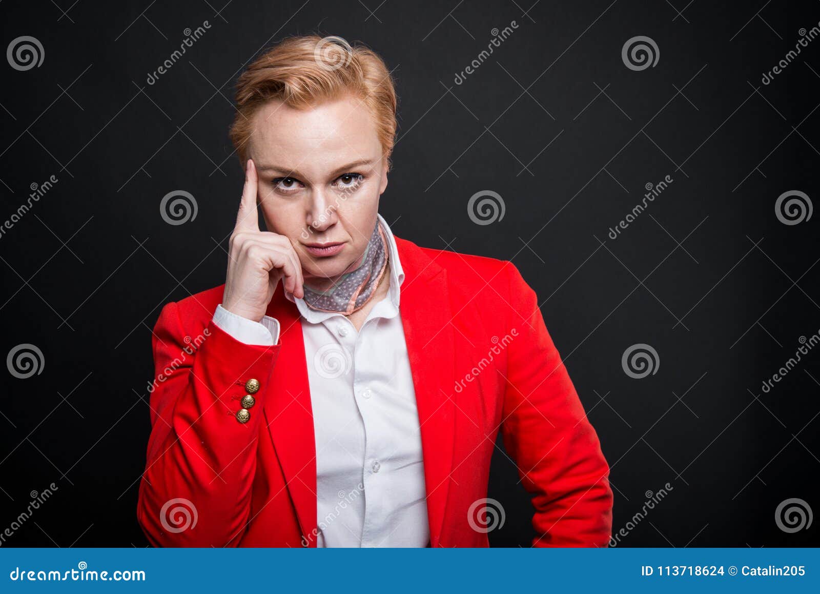 Portrait of Attractive Business Making Think Gesture Stock Photo