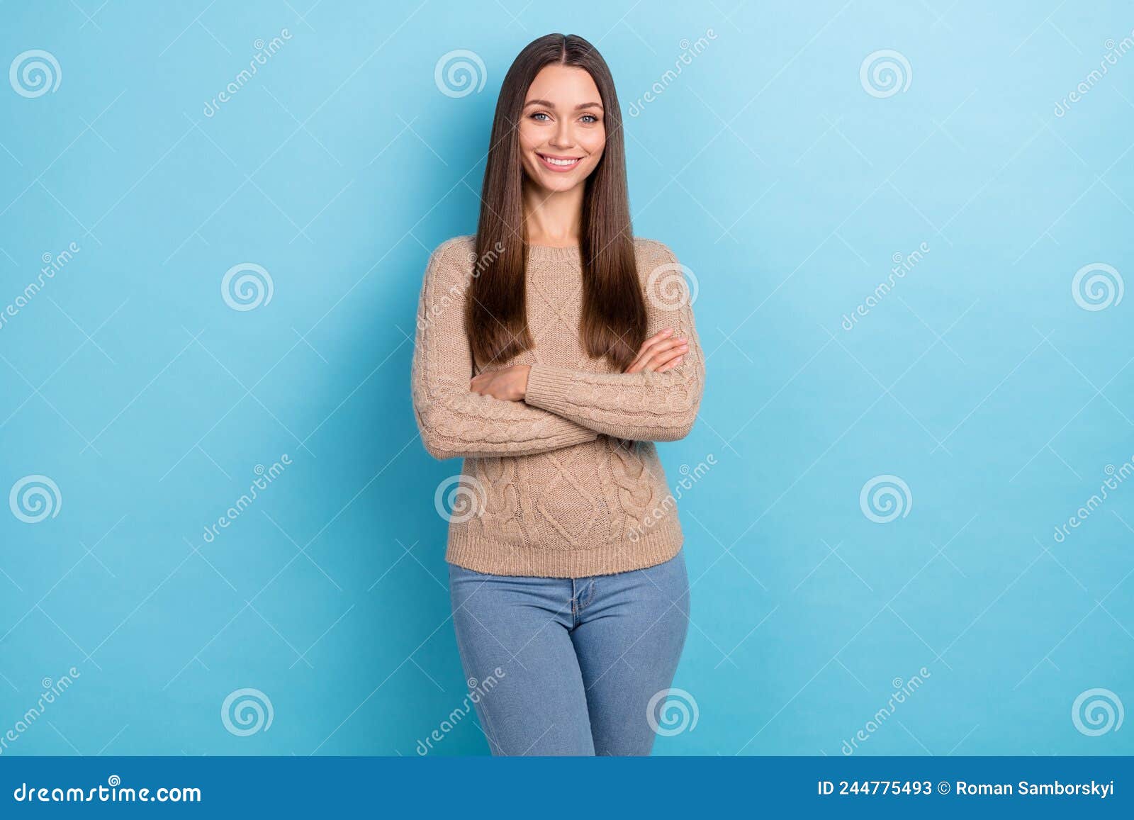 Portrait Of Attractive Cheerful Content Brown Haired Girl Folded Arms