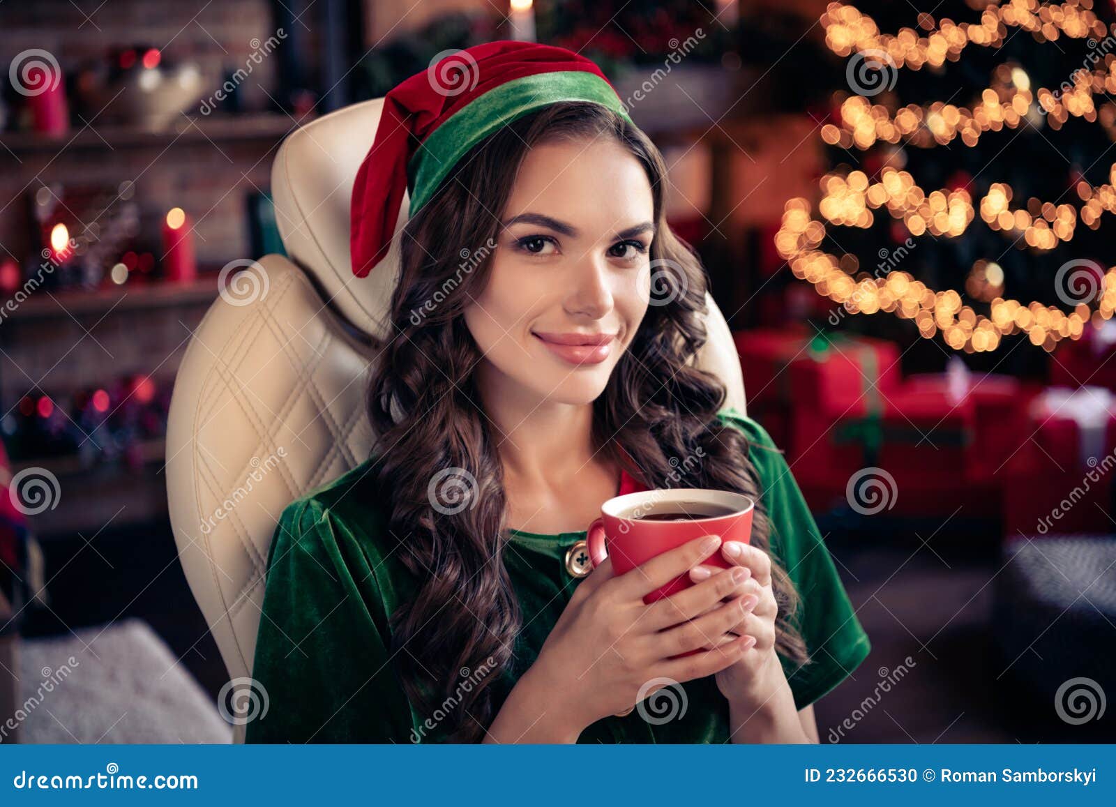 Portrait of Attractive Dreamy Cheerful Girl Elf Drinking Latte Beverage ...