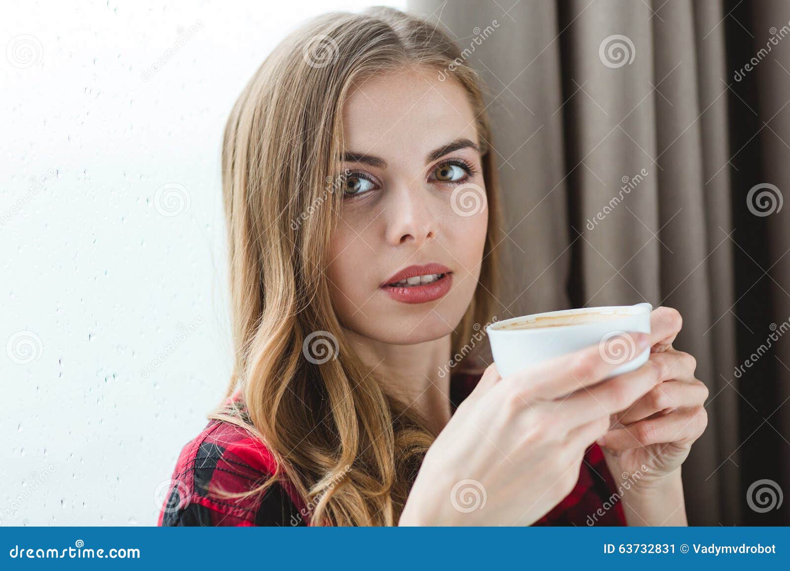 Portrait of Attractive Peaceful Young Female Drinking Coffee at Home ...