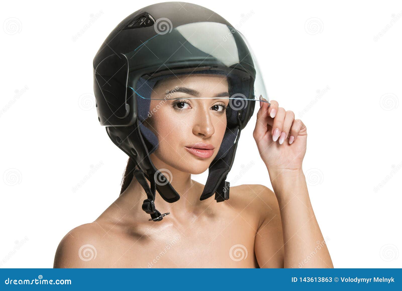 Portrait Of Attractive Woman In Motorbike Helmet Stock Image - Image of