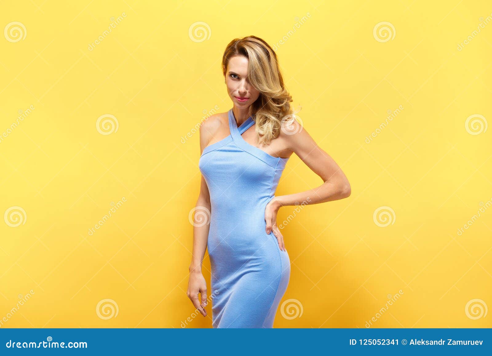 Beautiful Blonde Model In Blue Dress Posing At Camera Stock Image Image Of Blue Isolated