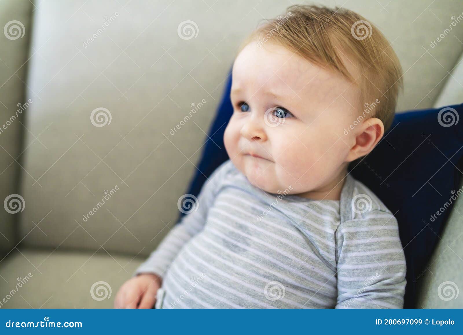 Portrait of Baby Boy Sitting on the Couch. Stock Image Image of blue