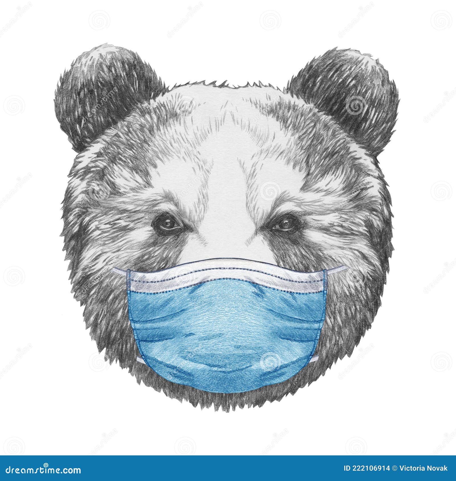 Portrait of Bear with Face Mask. Handdrawn Illustration. Stock