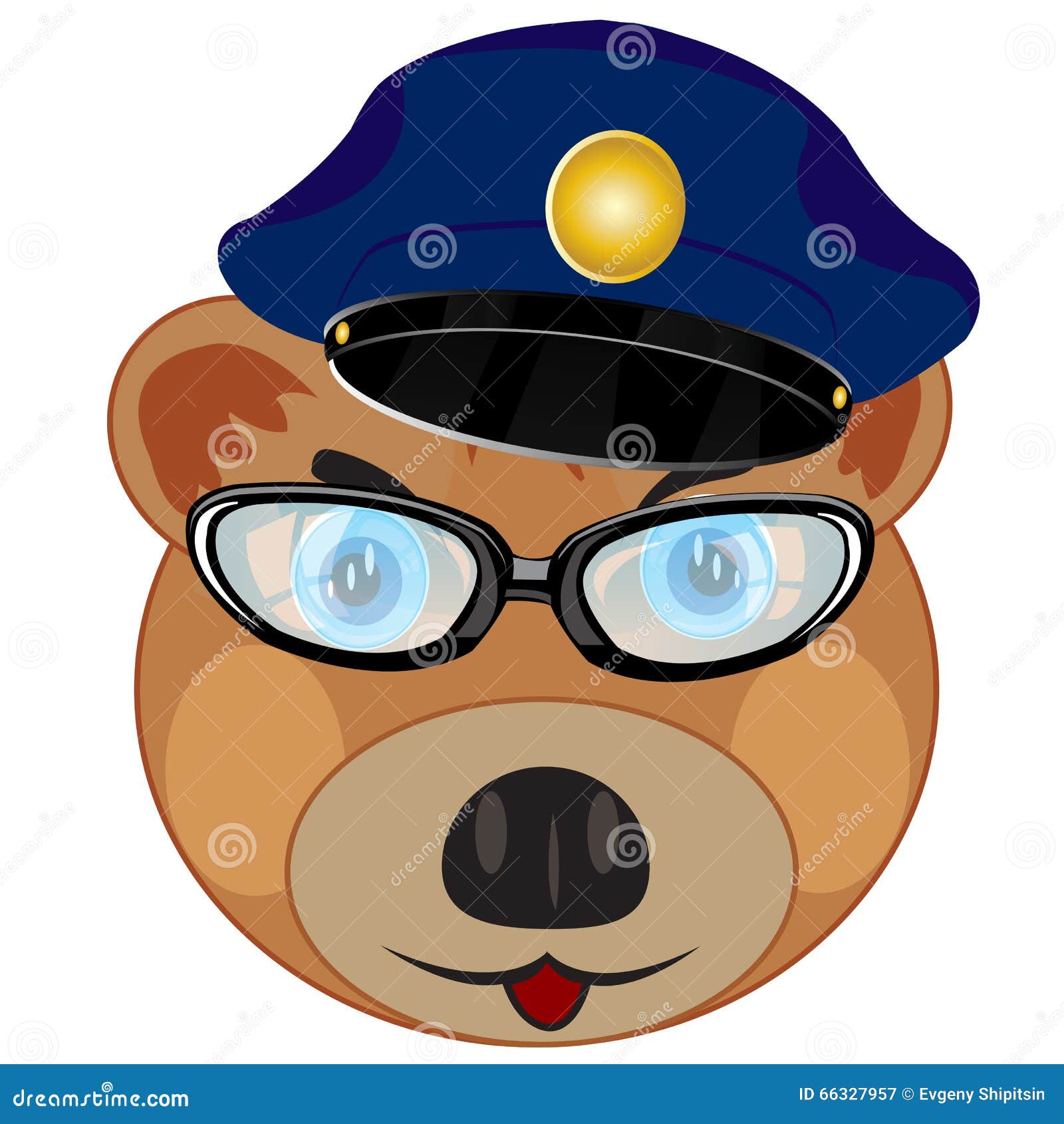 Portrait bear police. Cartoon bear in police service cap and spectacles