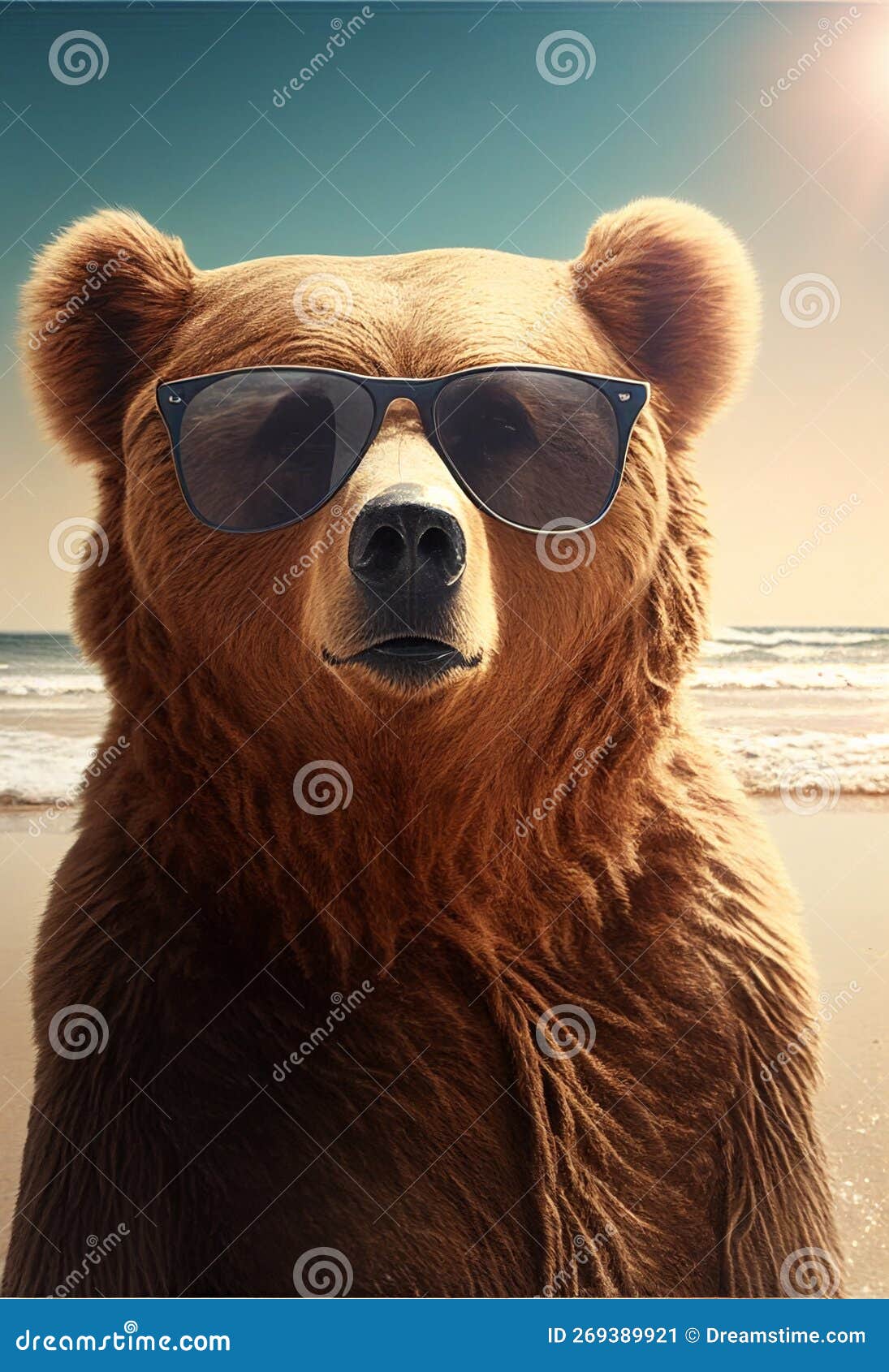 Portrait Bear in sunglasses at the resort. AI generated.