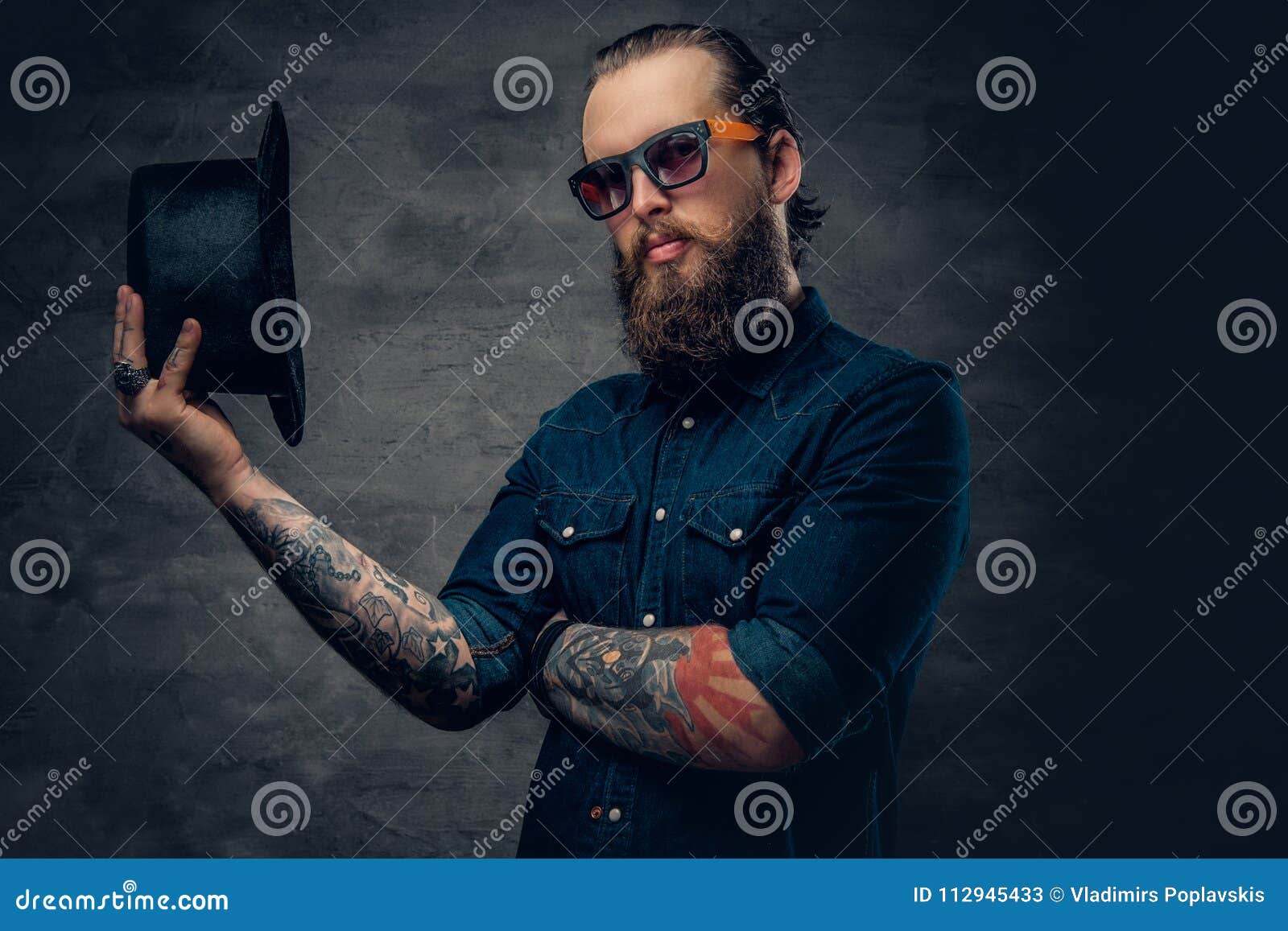 Bearded Male in Sunglasses and Top Hat. Stock Image - Image of denim ...