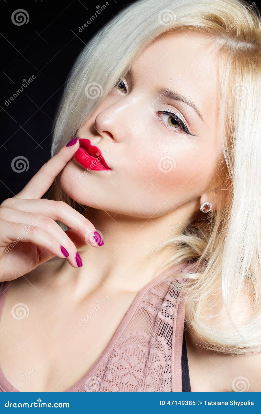 Portrait Of A Beautiful Women Blonde With Red Lipstick And 