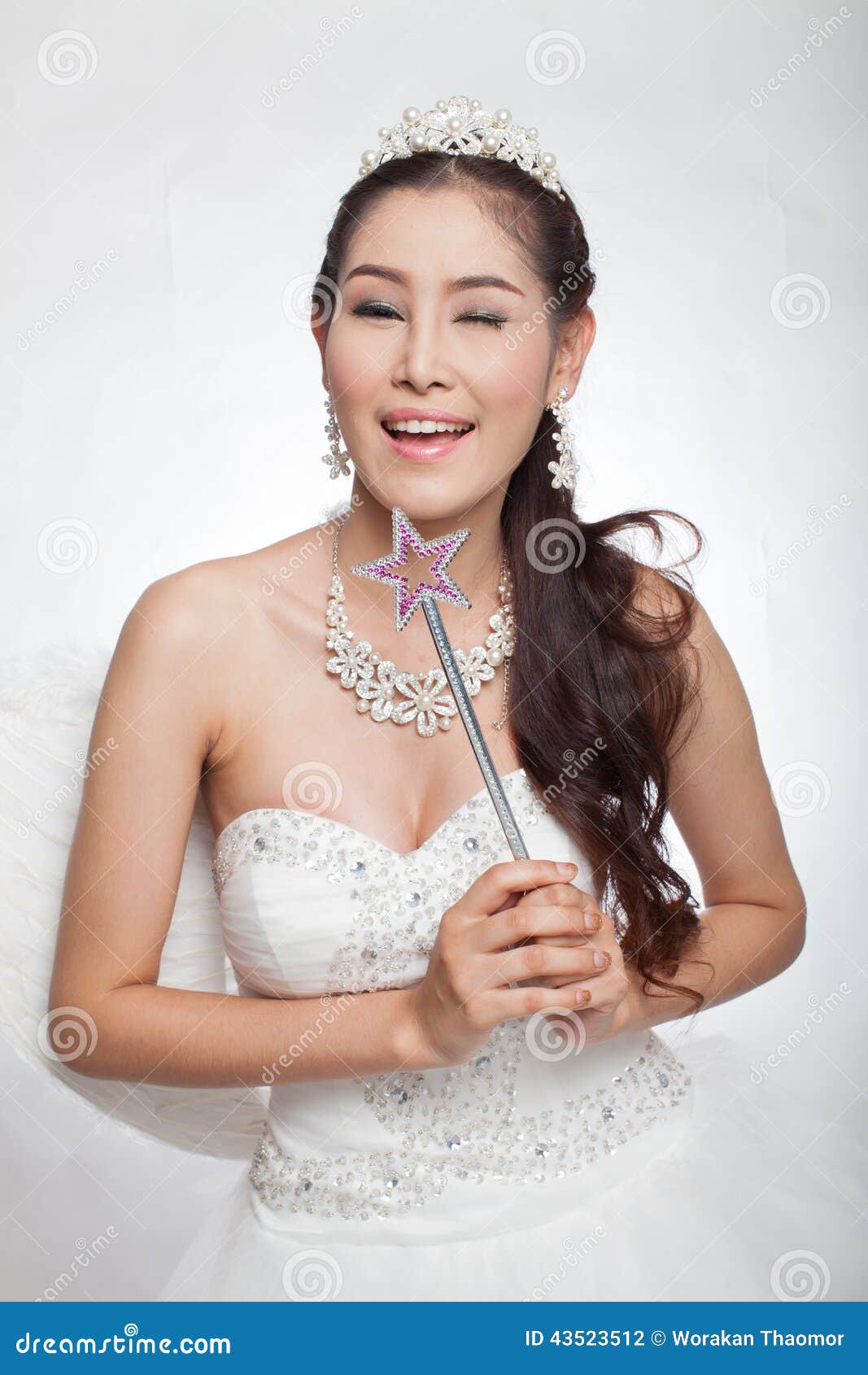 Portrait Beautiful Asian Woman In White Wedding Dress With 