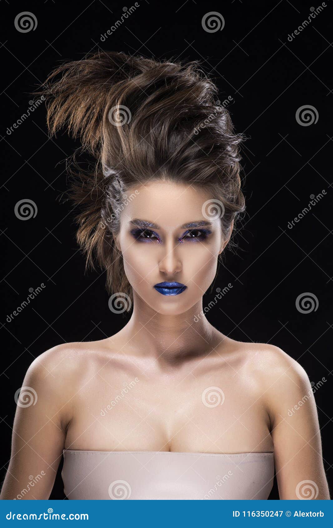 Portrait of a Beautiful Big Breast Asian Naked Shoulders, Vanguard  Conceptual Hairstyle and Aggressive Blue Lips Makeup Girl Stock Image -  Image of clean, female: 116350247