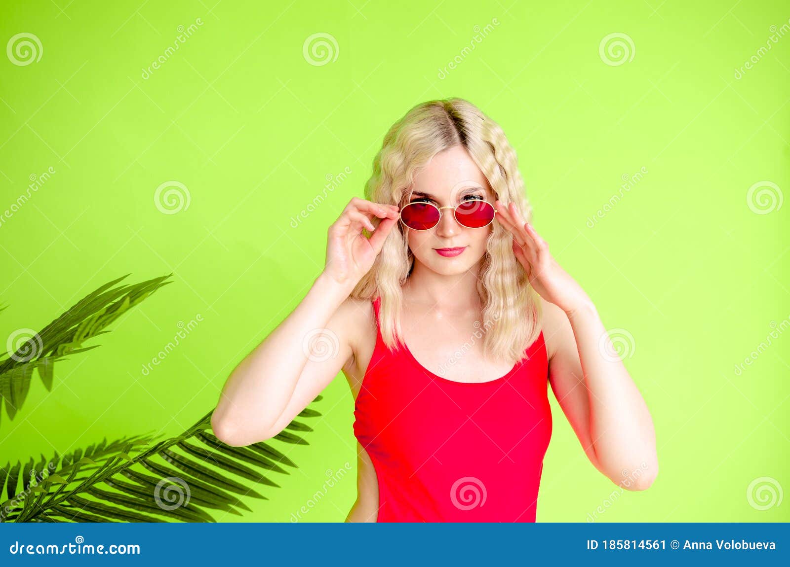 Portrait Of Beautiful Blonde Girl In Sunglasses And Red Swimsuit Stock Image Image Of Model