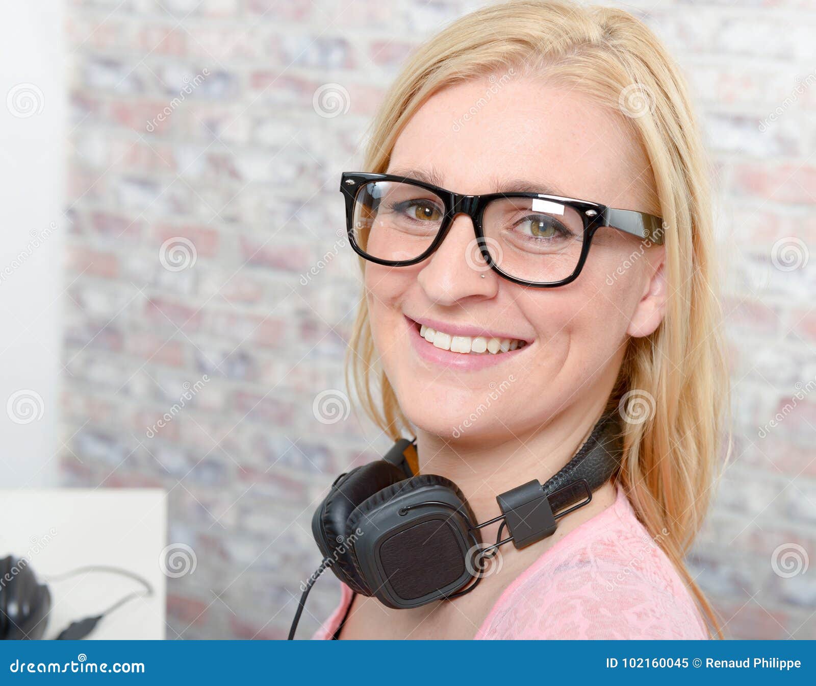 Portrait Of A Beautiful Blonde Smiling With Glasses Stock Image Image