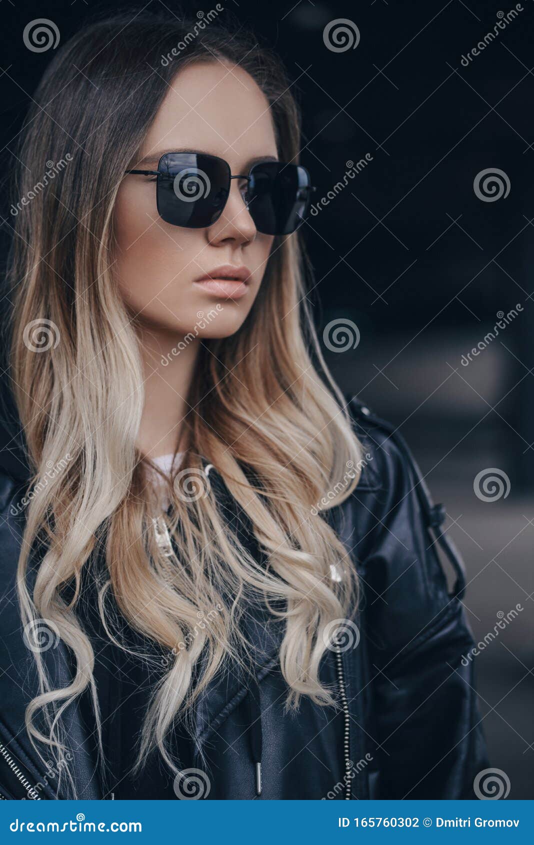 Portrait Of Beautiful Blonde Woman In Black Sunglasses In Outdoor Stock 