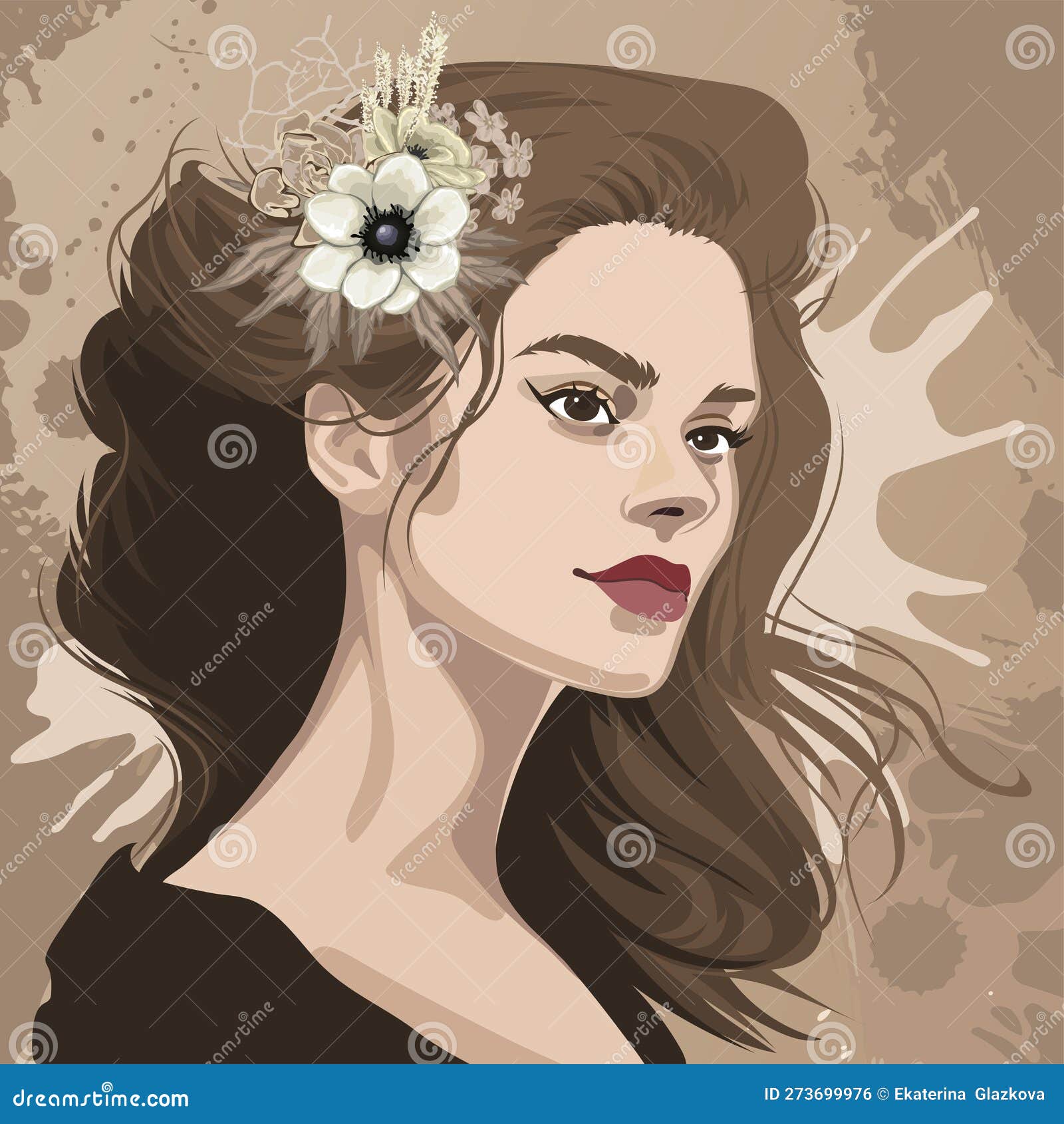 Portrait Of A Beautiful Brunette Girl With Curly Hair Stock Vector Illustration Of Curly