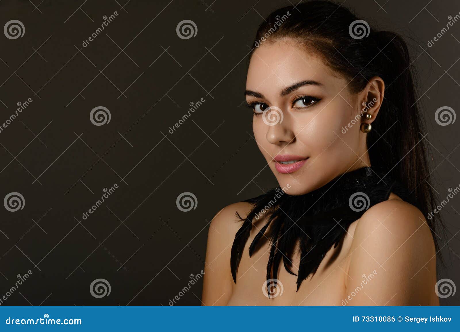 Portrait Of Beautiful Brunette With Hair Gathered In A Ponytail Stock Photo Image Of Neck