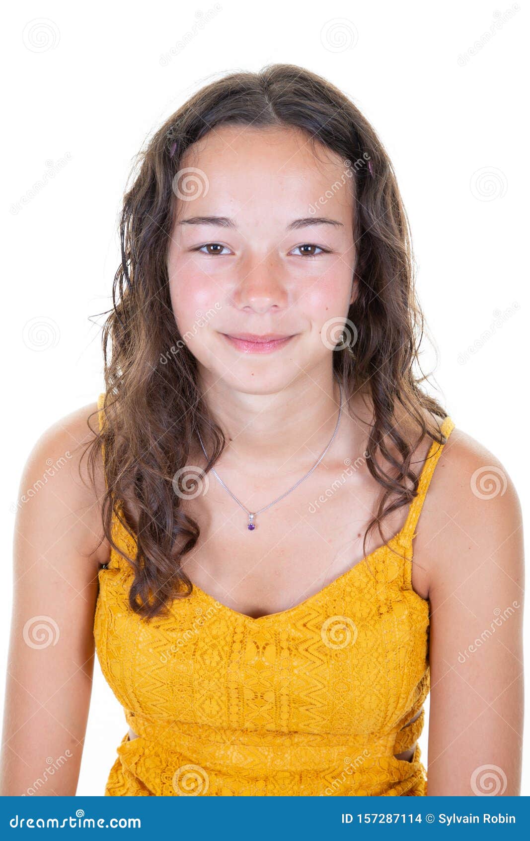 Portrait Of A Beautiful Brunette Teenager Girl On White Background ...