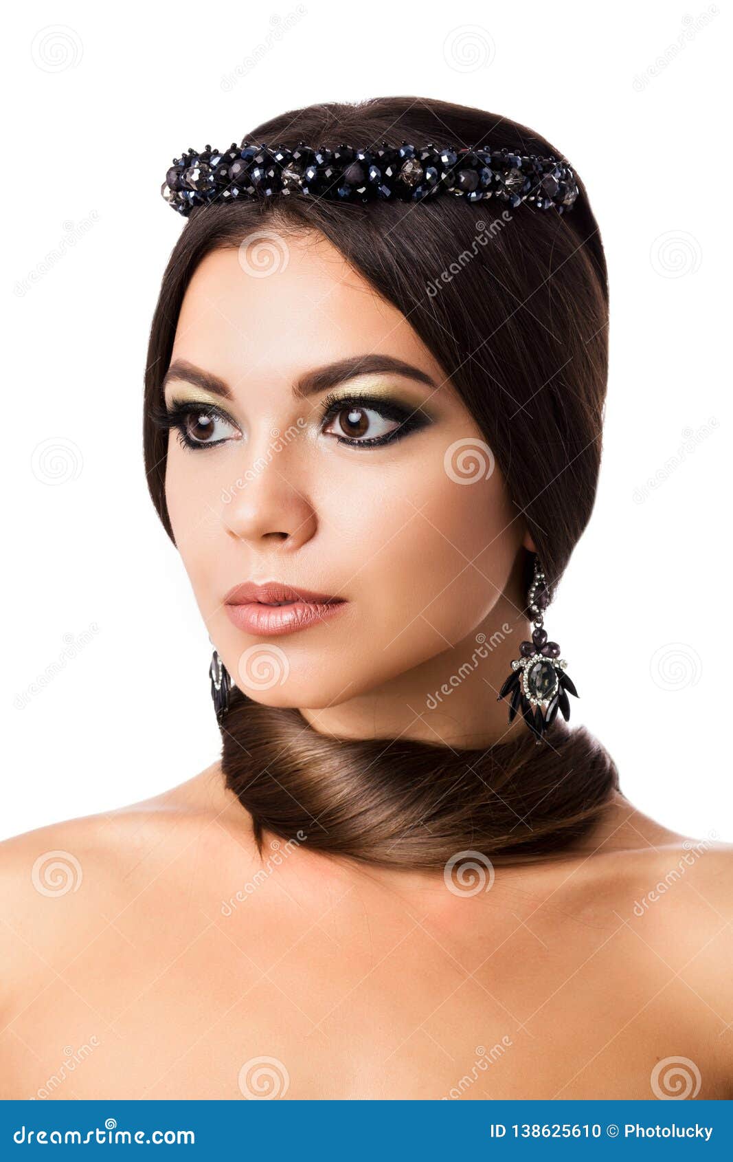 Portrait Of Beautiful Brunette Woman With Big Earring And Shinny