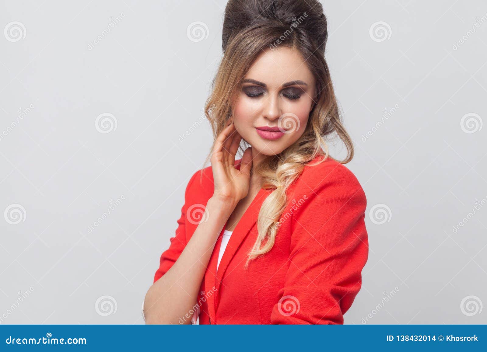 Portrait of Beautiful Business Lady with Hairstyle and Makeup in Red Fancy  Blazer Standing and Touching Her Face and Smiling with Stock Photo - Image  of clean, hairstyle: 138432014