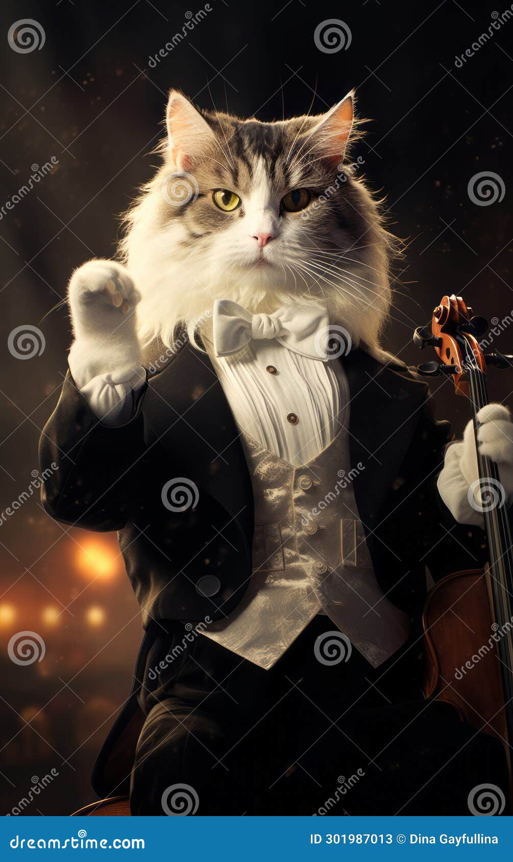Portrait of a Beautiful Cat Playing the Violin on a Dark Background Stock Image Image of