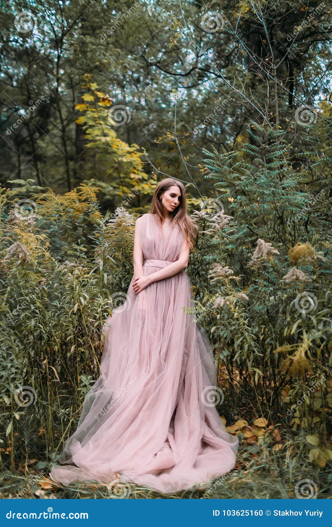 Portrait of Beautiful Caucasian Girl with Long Pink Dress in Green ...