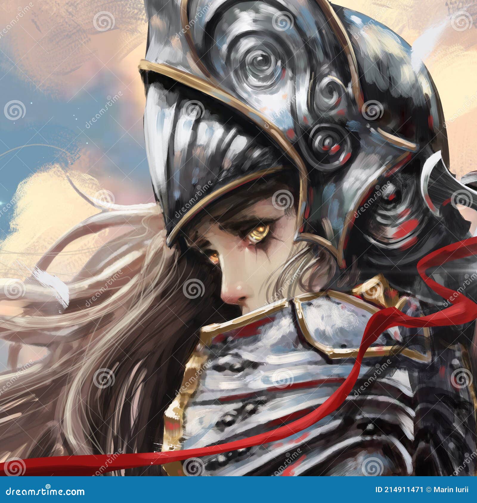 Portrait of a Beautiful Charming Knight Girl in an Iron Patterned Helmet,  she Has Yellow Eyes in the Anime Style, Her Long Hair Stock Illustration -  Illustration of iron, material: 214911471