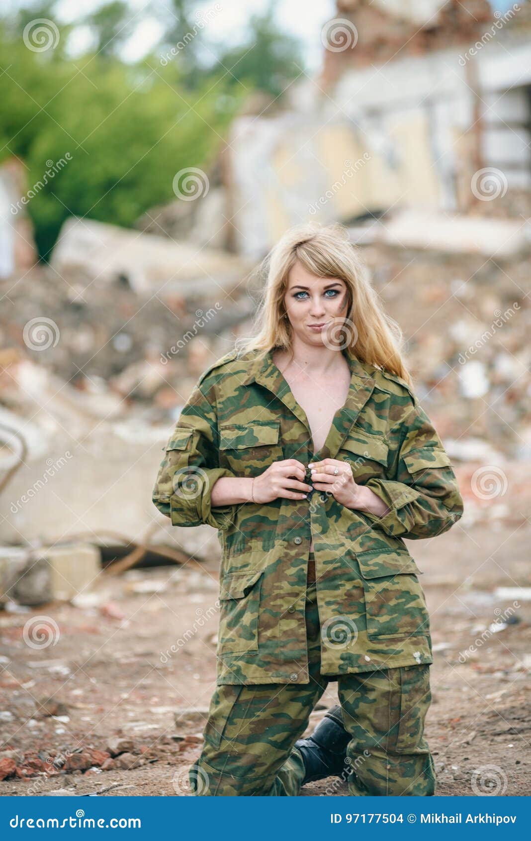 Portrait of a Beautiful Girl in Green Camouflage and Topless Wit Stock ...