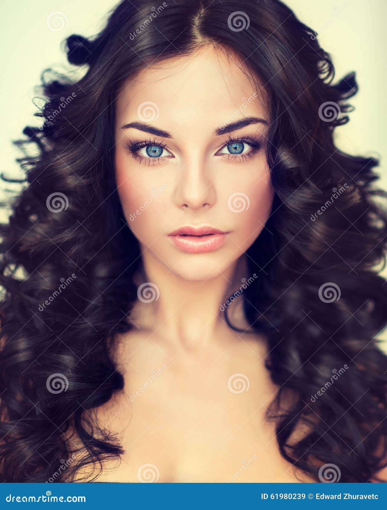 Portrait Beautiful Girl Model With Long Black Curled Hair Stock