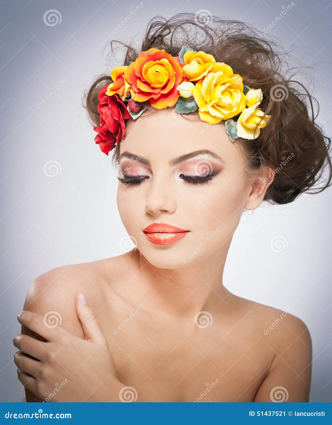 Portrait of Beautiful Girl in Studio with Red and Yellow Roses in Her Hair  and Naked Shoulders. Young Woman with Makeup Stock Image - Image of  gracefully, modern: 51437521