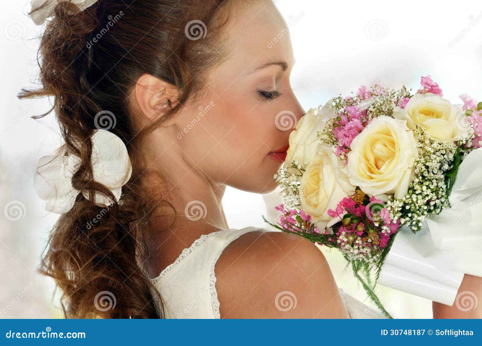 Portrait of a Beautiful Girl in White with a Wedding Bouquet. Stock ...