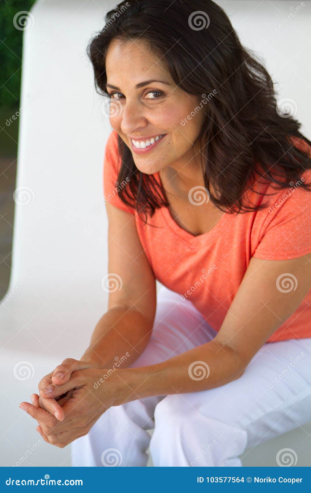 Beautiful Mature Hispanic Woman Smiling. Stock Photo Image of morning