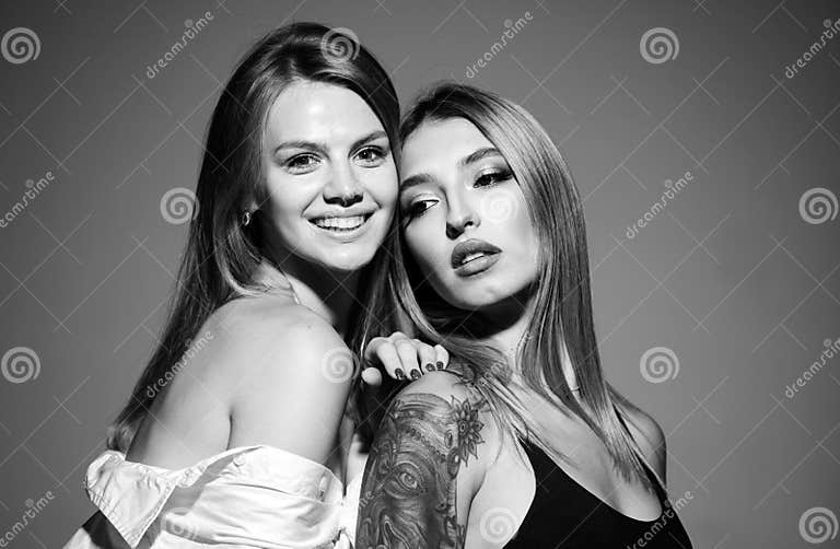 Portrait Of Beautiful Lesbian Couple Hugging Romantic Girl Friend Close Up Portrait Stock