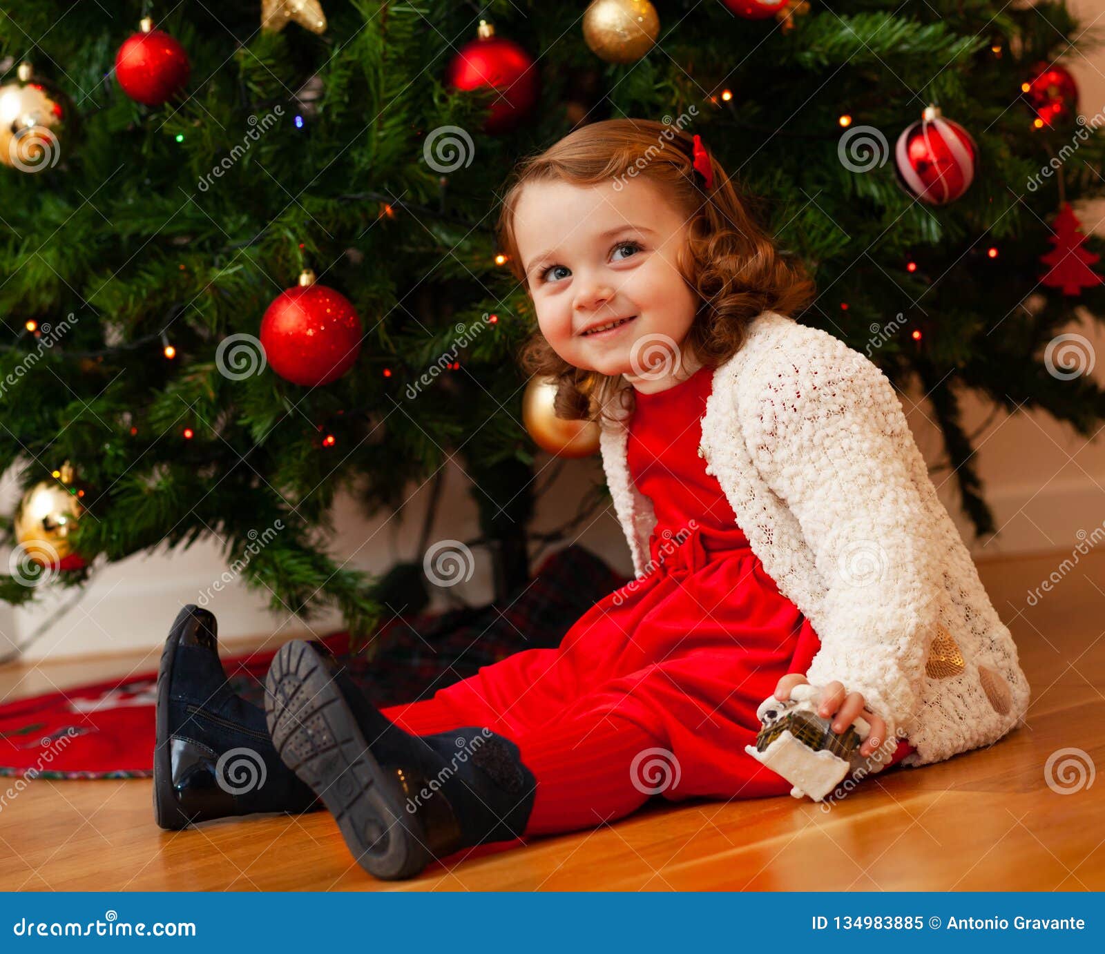 Beautiful Little Child Near Christmas Tree Stock Image - Image of light ...