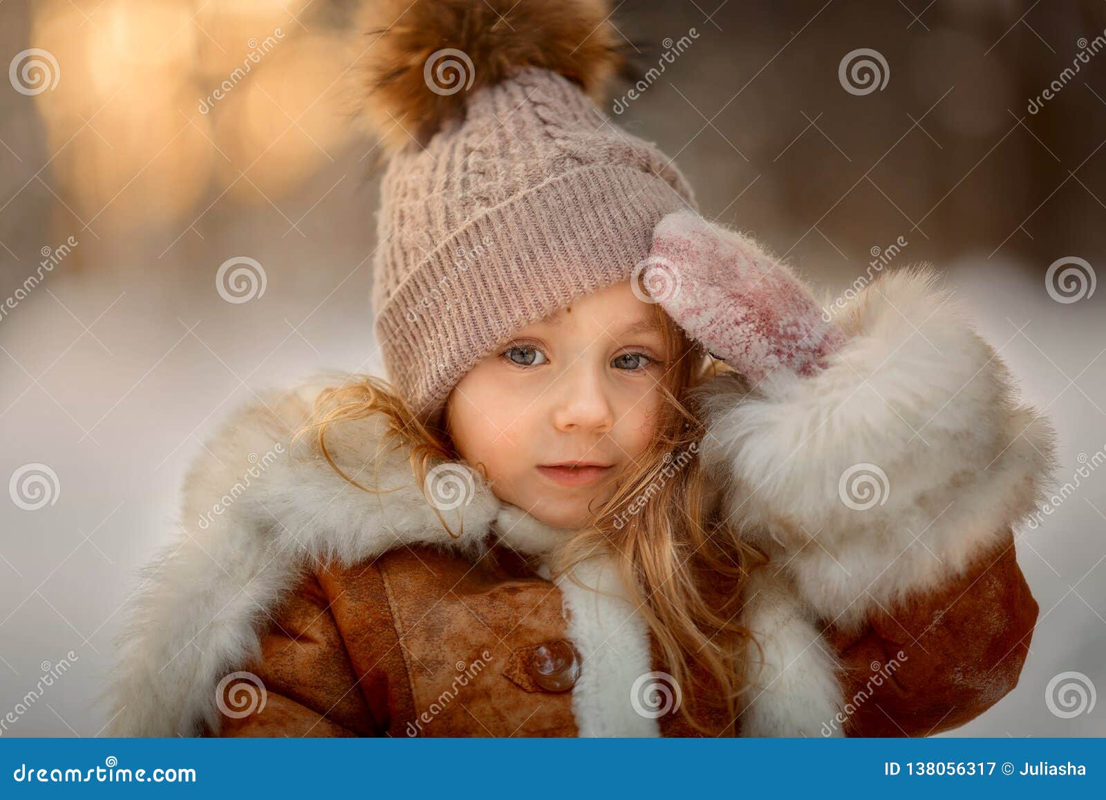 Portrait of Beautiful Little Girl in Fur Coat at Winter Forest Stock ...