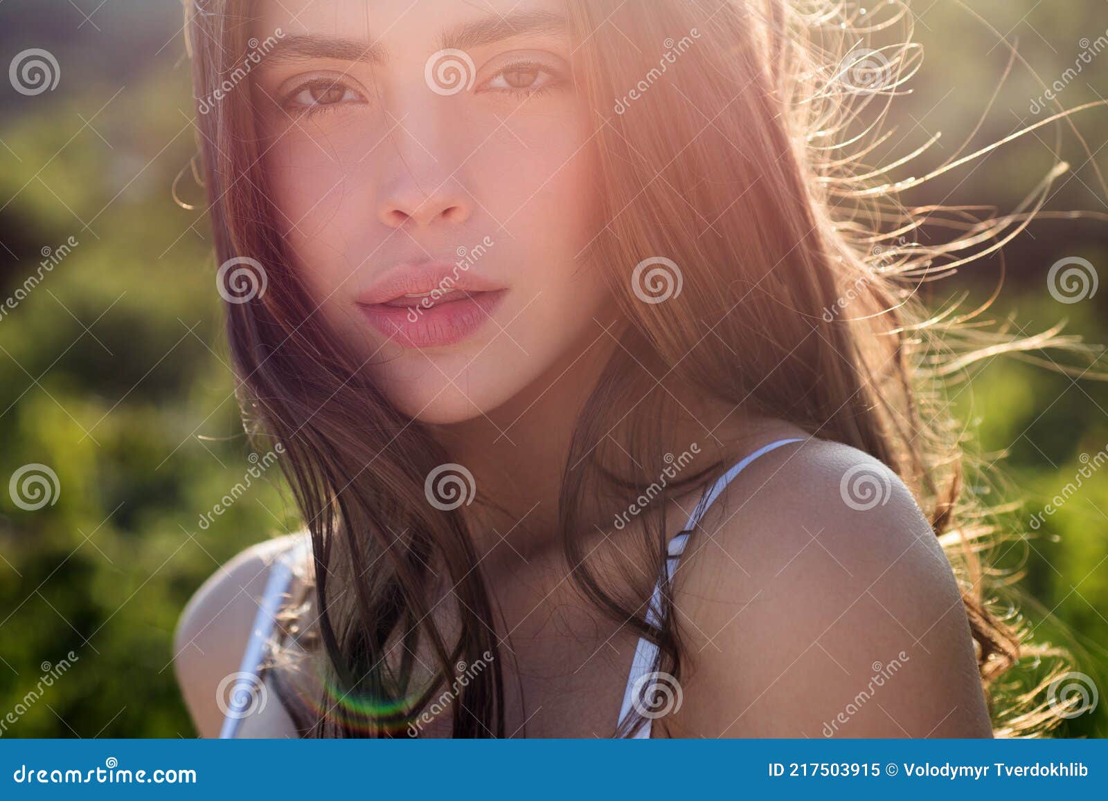 Portrait of Beautiful Model with Natural Nude Make Up. Beauty Girl Face.  Young Sensual Woman Outdoors Portrait Stock Image - Image of elegant, face:  217503915