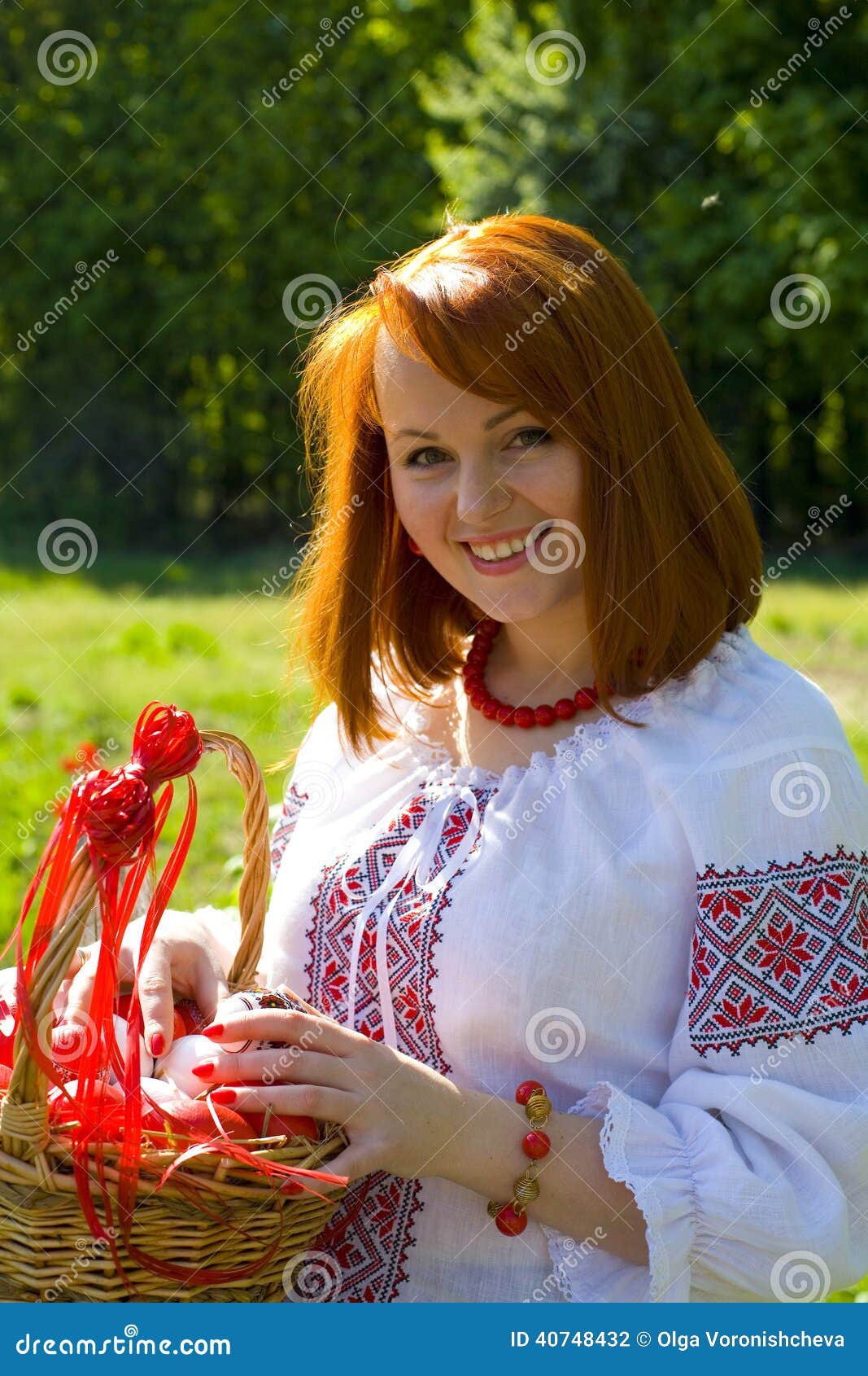 Portrait of the Beautiful Red-haired Ukrainian with an Easter Ba Stock ...