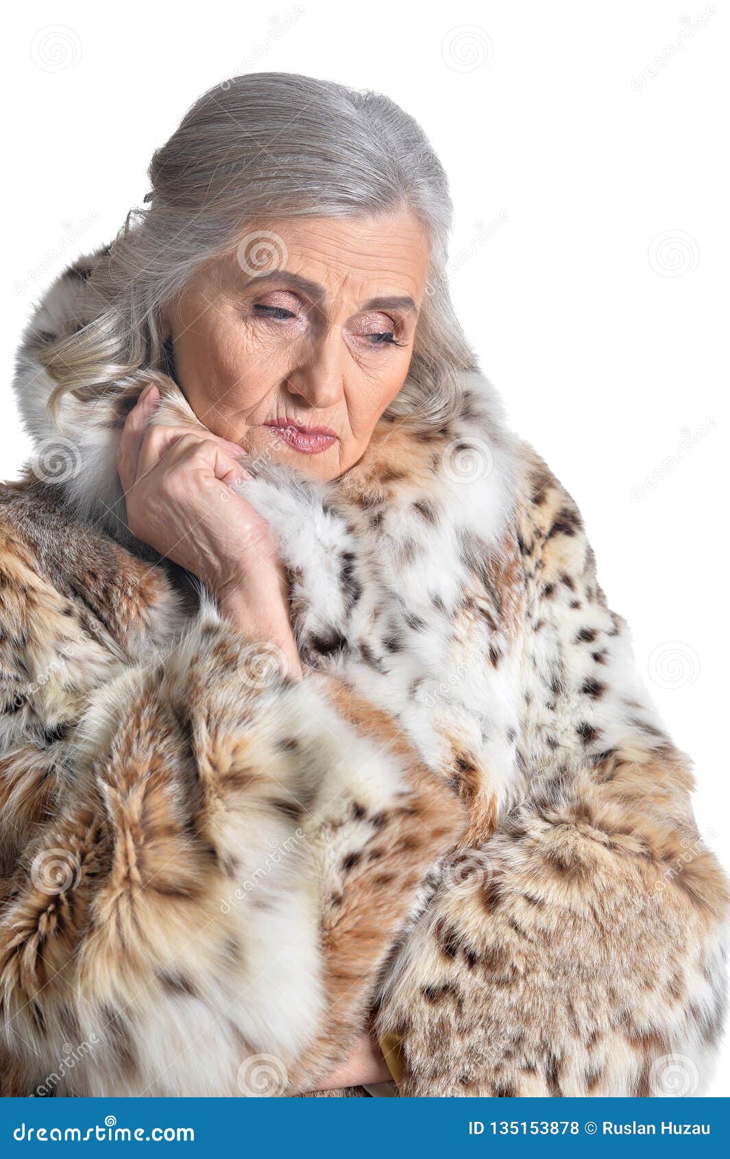 Portrait of Beautiful Senior Woman in Fur Coat Stock Photo - Image of